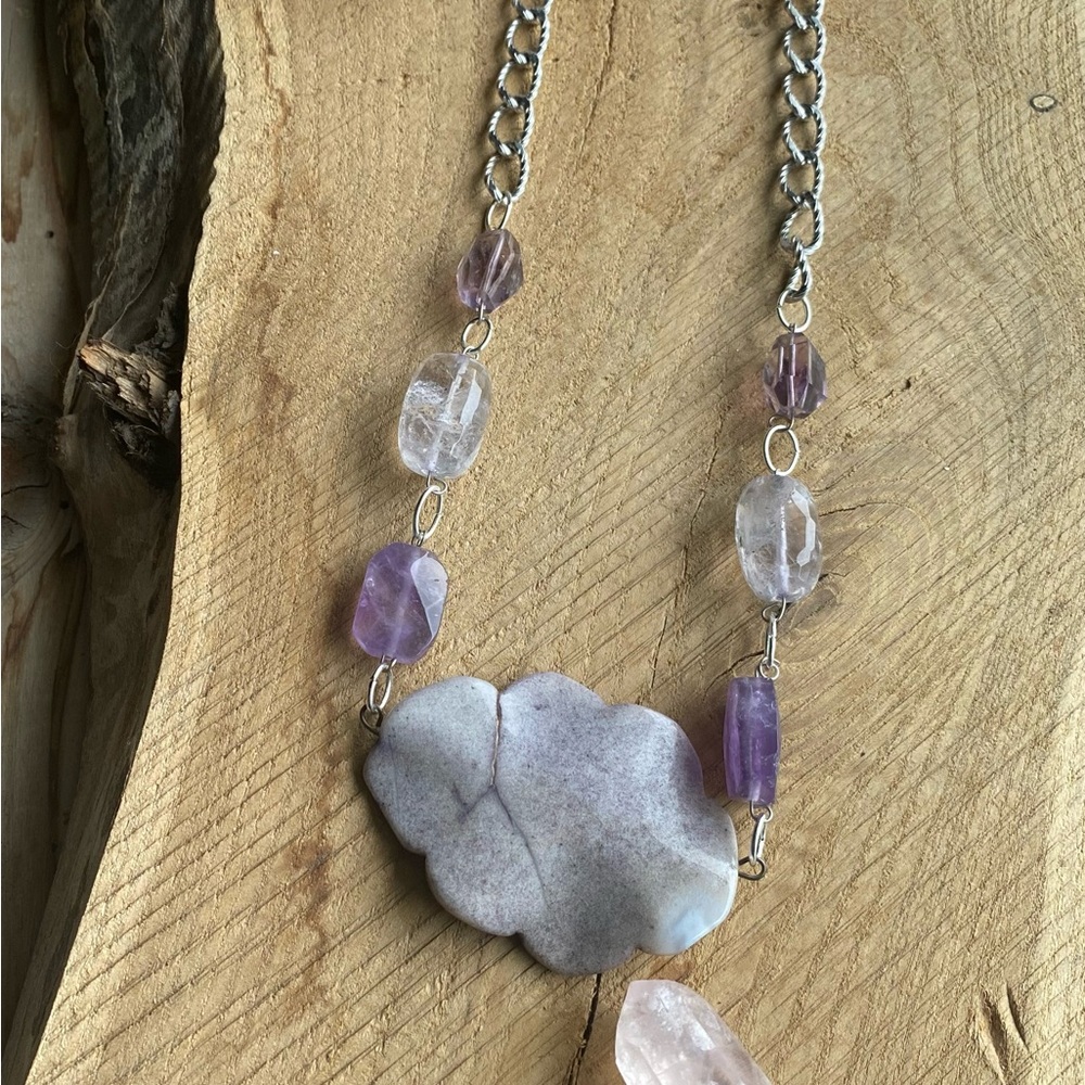 Purple Lace Agate and Amethyst Silver Tone Necklace - Picture 2 of 4